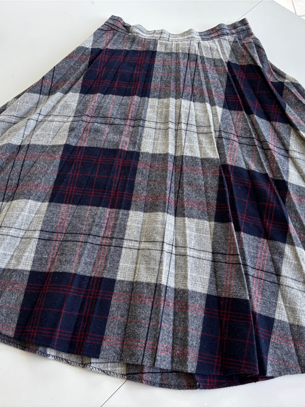 Plaid Midi Skirt in Navy, Gray & Red